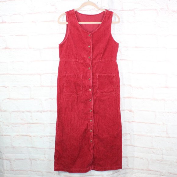 Unbranded Dresses & Skirts - *Womens Red Cotton Sleeveless Button Front Corduroy Long Dress Size S